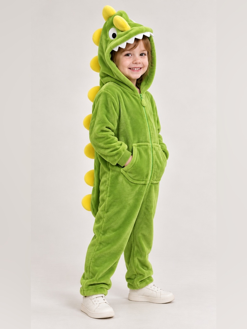 For Halloween Cozy Kids Green Hooded One-Piece Fleece Romper (dinosaur)